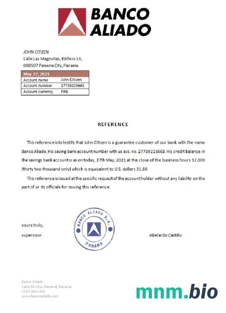 Przykład odniesienia Panama Banco Aliado w formatach Word i PDF